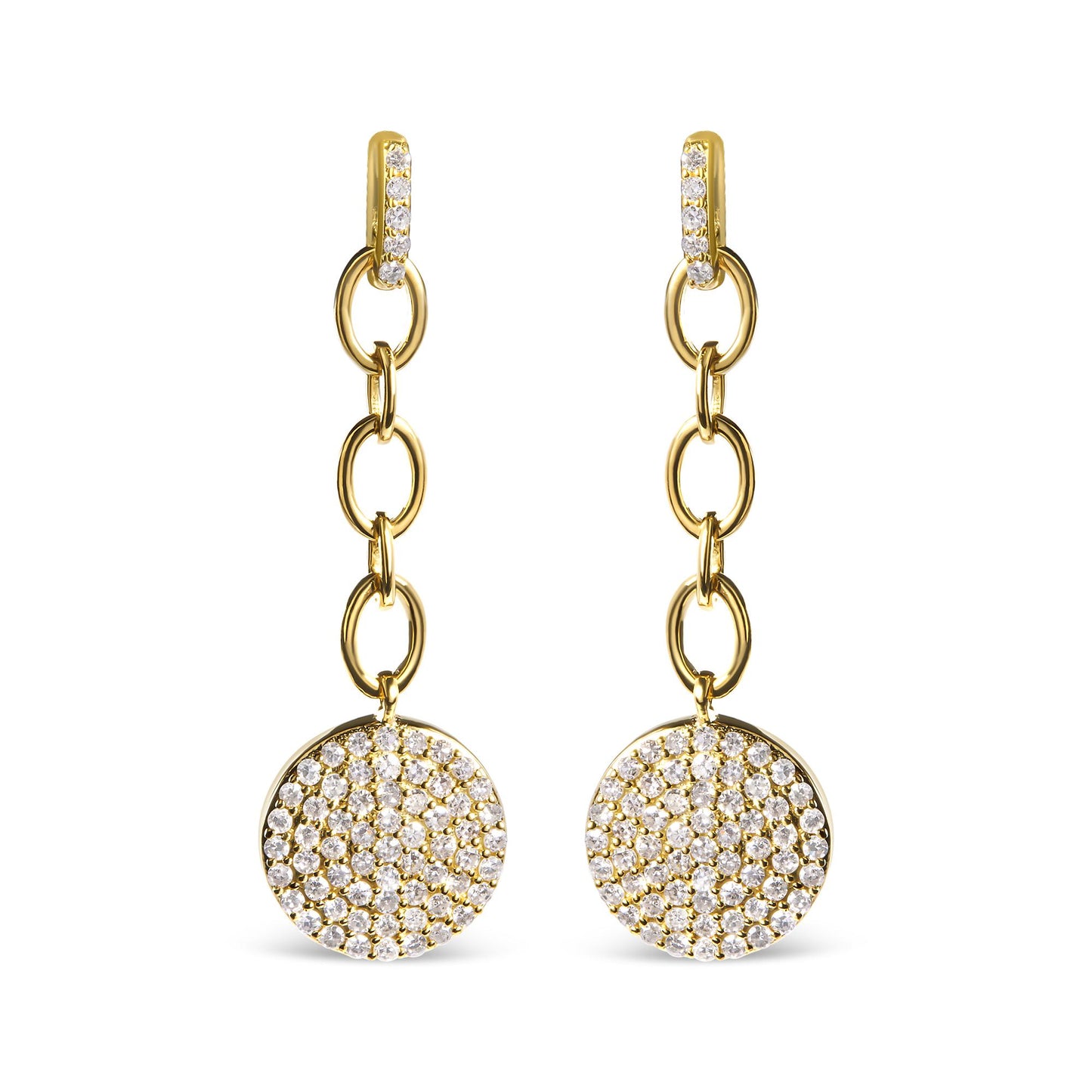 Front view of yellow metal dangle earrings with circular chain links and round pendants encrusted with white gemstones.