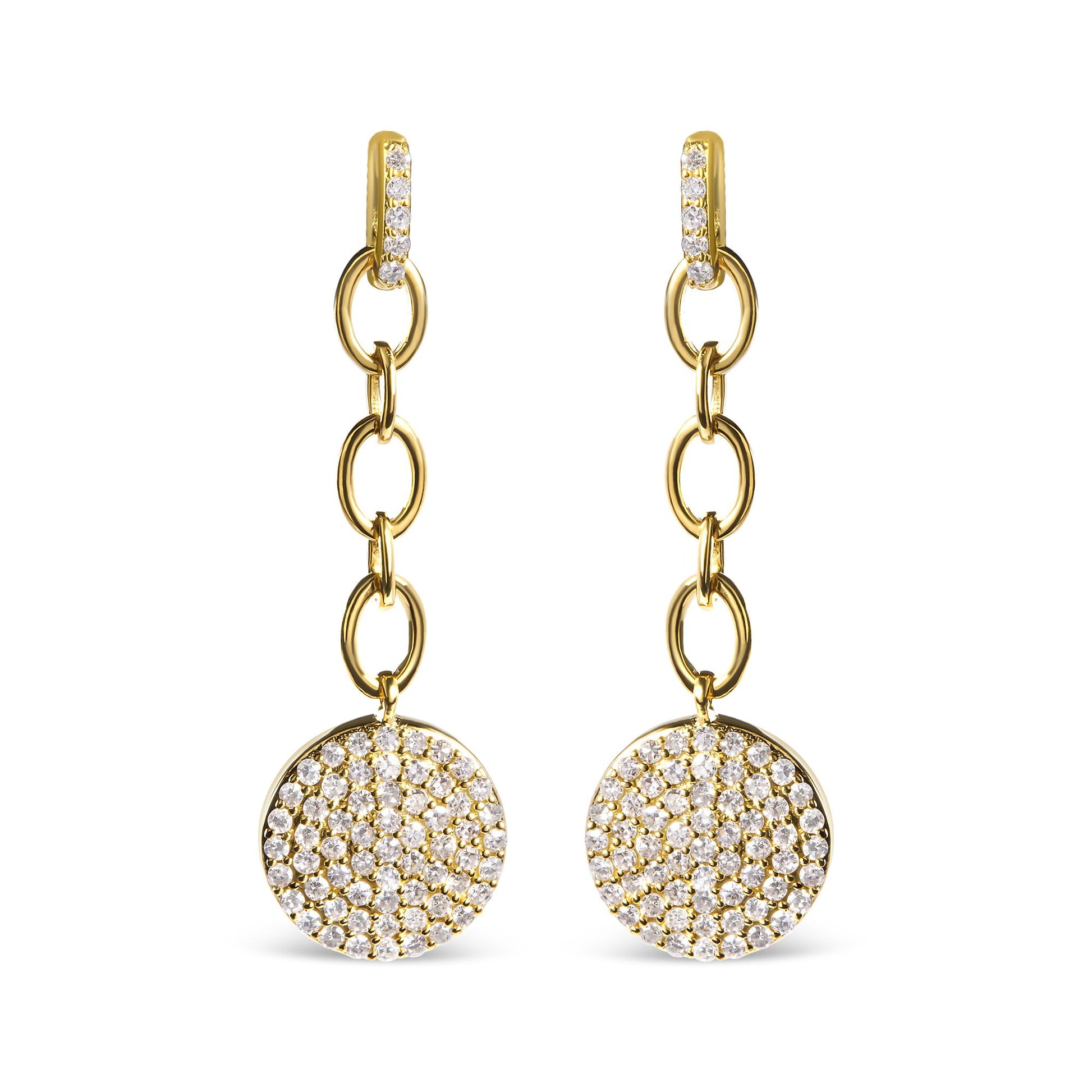 Front view of yellow metal dangle earrings with circular chain links and round pendants encrusted with white gemstones.