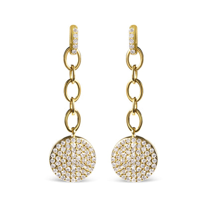 Front view of yellow metal dangle earrings with circular chain links and round pendants encrusted with white gemstones.