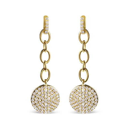 Front view of yellow metal dangle earrings with circular chain links and round pendants encrusted with white gemstones.