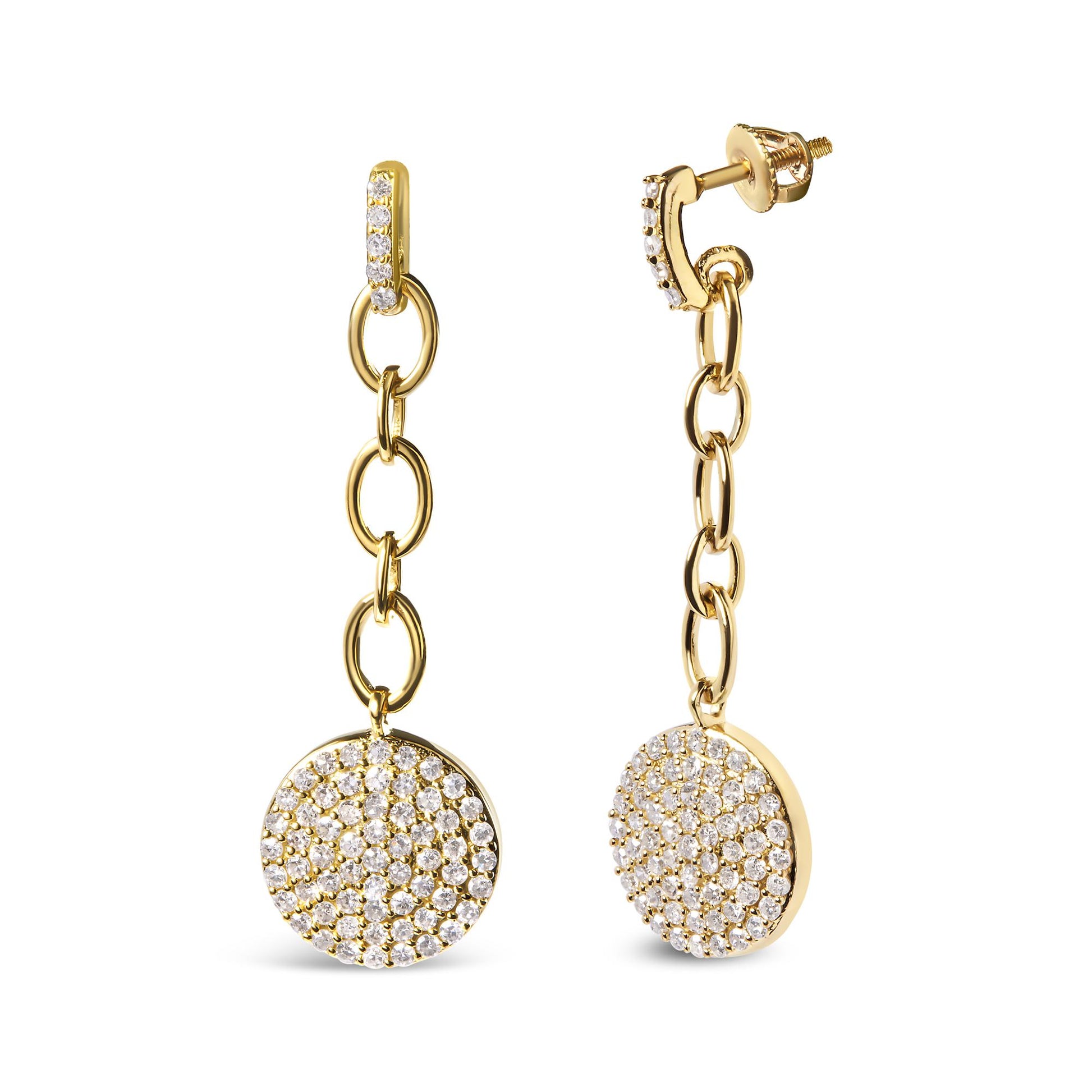 Front and side angle of yellow metal dangle earrings with round white gemstones in prong settings, featuring linked oval shapes and circular gemstone-adorned pendants.