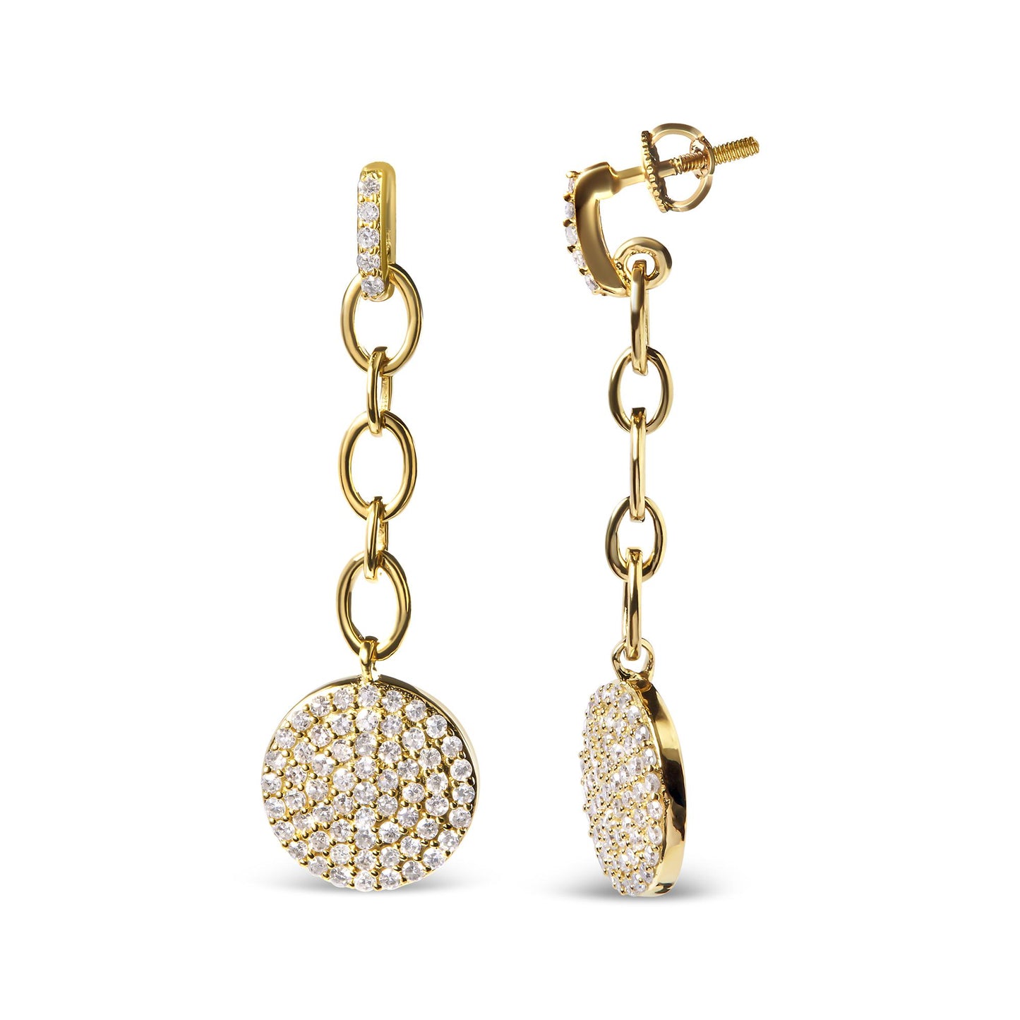 Front and side view of yellow metal drop earrings with linked oval shapes and circular pendants encrusted with white gemstones in prong settings, shown against a white background.