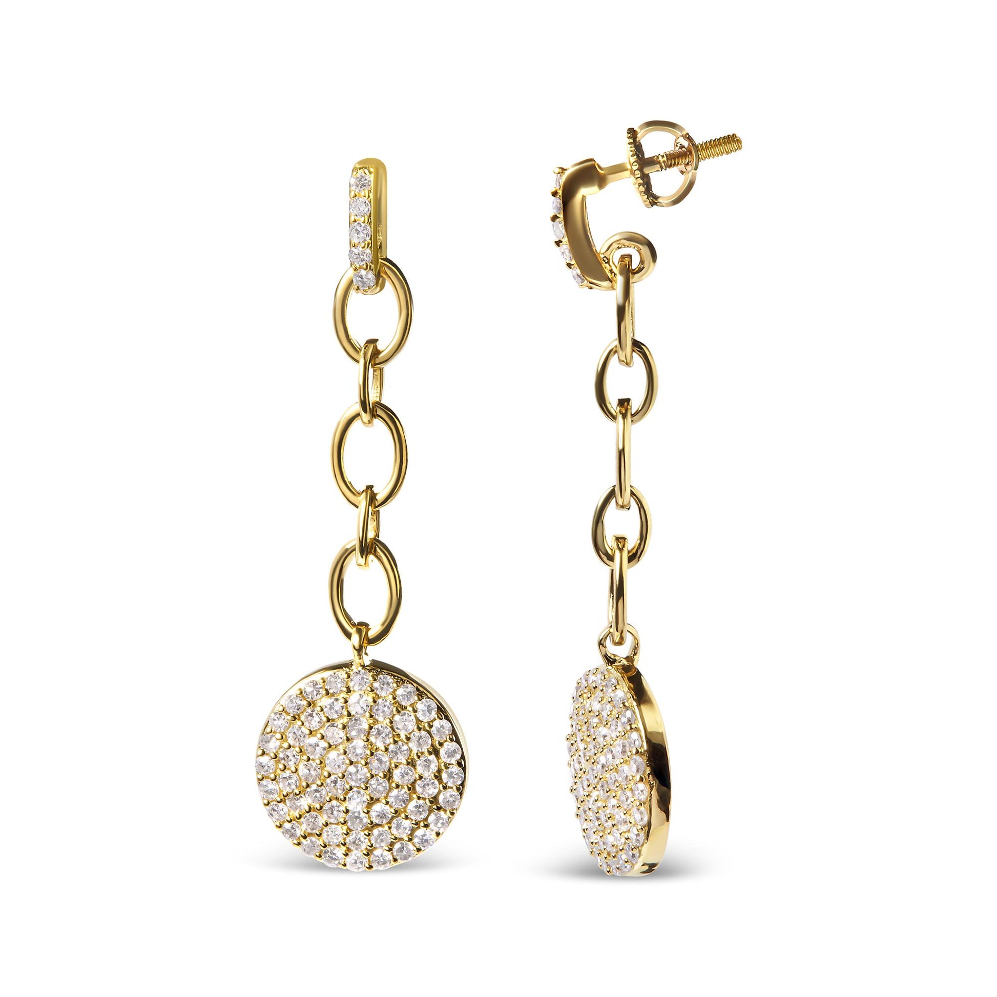 Front and side view of yellow metal drop earrings with linked oval shapes and circular pendants encrusted with white gemstones in prong settings, shown against a white background.