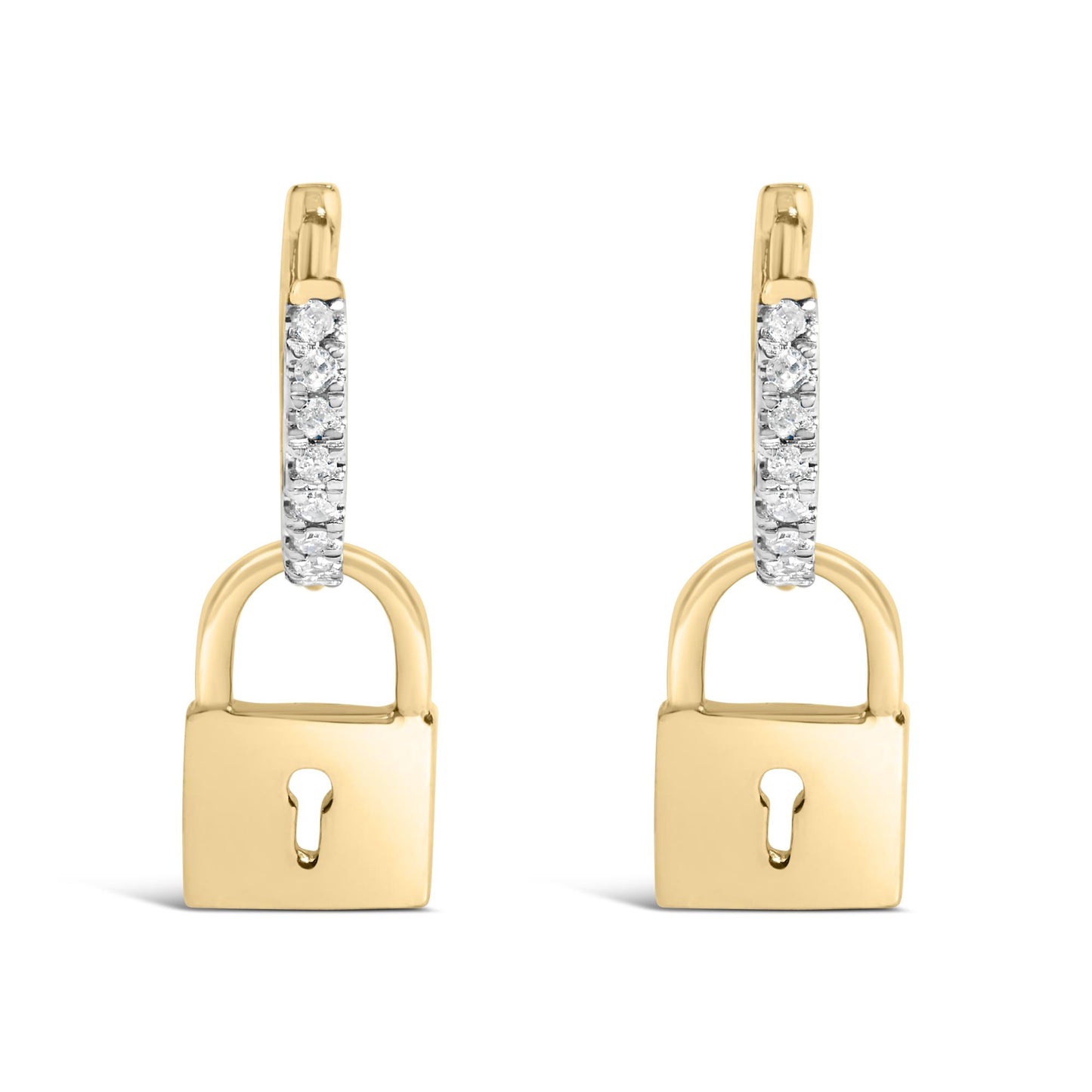 Front view of yellow metal lock-shaped earrings with upper sections featuring white round gemstones in prong settings.