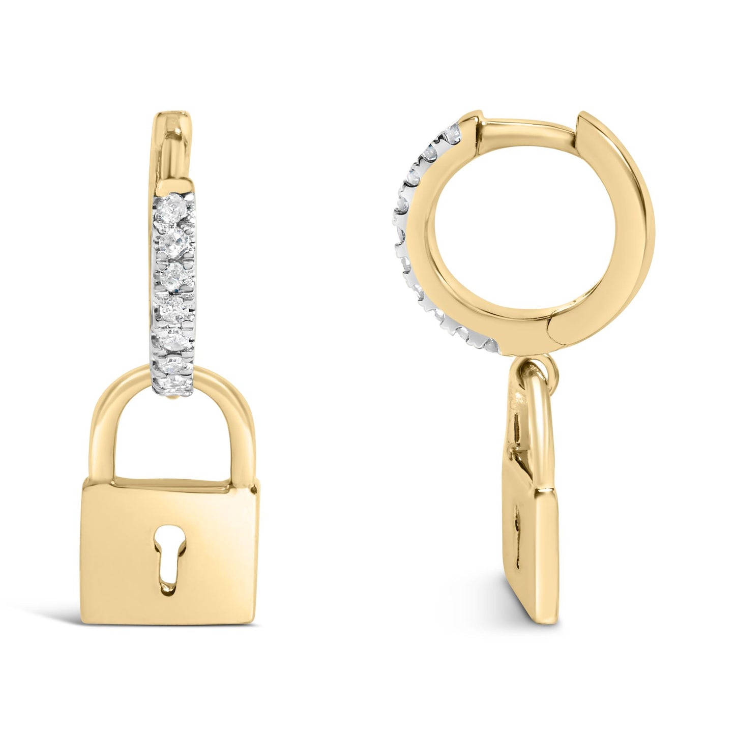 Front and side angle view of yellow metal lock-shaped earrings with round white gemstones set on the hoop.