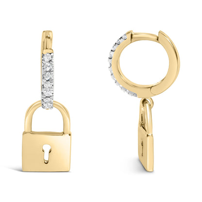 Front and side angle view of yellow metal lock-shaped earrings with round white gemstones set on the hoop.