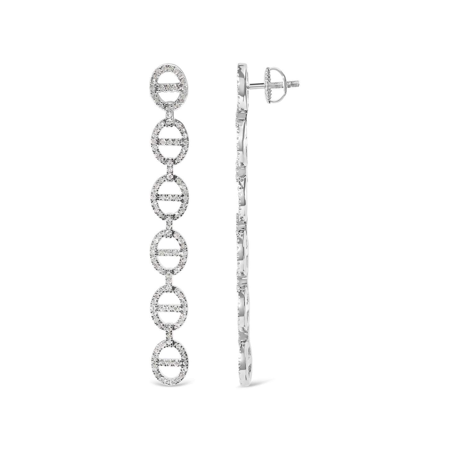 Close-up front and side views of long white earrings featuring linked oval shapes adorned with round white gemstones, shown on a white background.