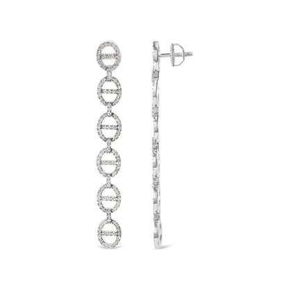 Close-up front and side views of long white earrings featuring linked oval shapes adorned with round white gemstones, shown on a white background.