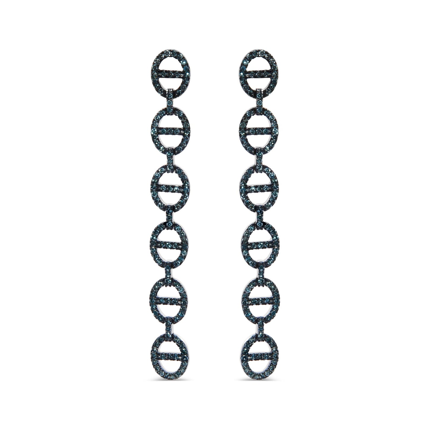 Front view of white metal drop earrings composed of linked oval shapes embellished with prong-set round blue gemstones, shown on a white background.