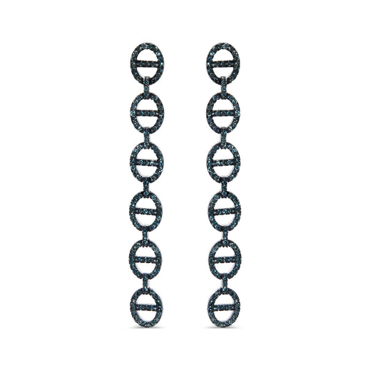 Front view of white metal drop earrings composed of linked oval shapes embellished with prong-set round blue gemstones, shown on a white background.