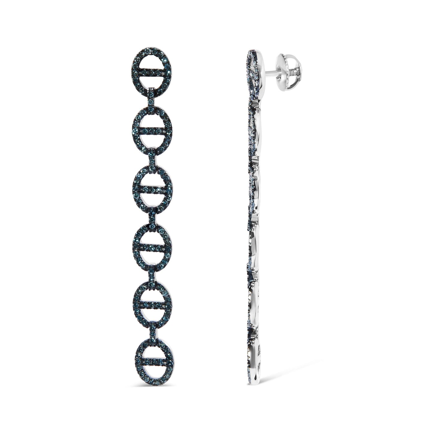 White metal long dangle earrings with linked oval shapes set with round prong-set blue gemstones, shown in a side-by-front angle.