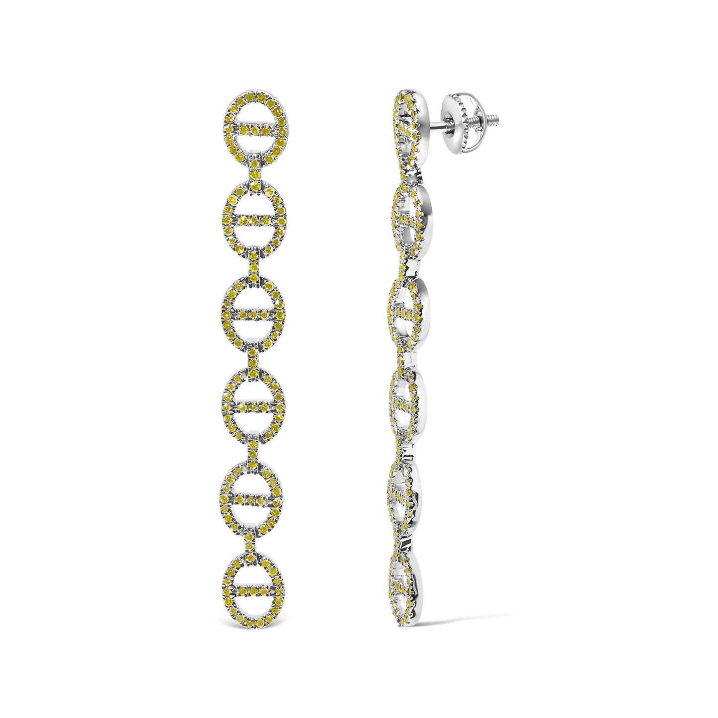 Pair of white metal earrings with linked oval shapes outlined with yellow round gemstones in prong settings, shown from front and side angles.