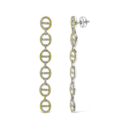 Pair of white metal earrings with linked oval shapes outlined with yellow round gemstones in prong settings, shown from front and side angles.