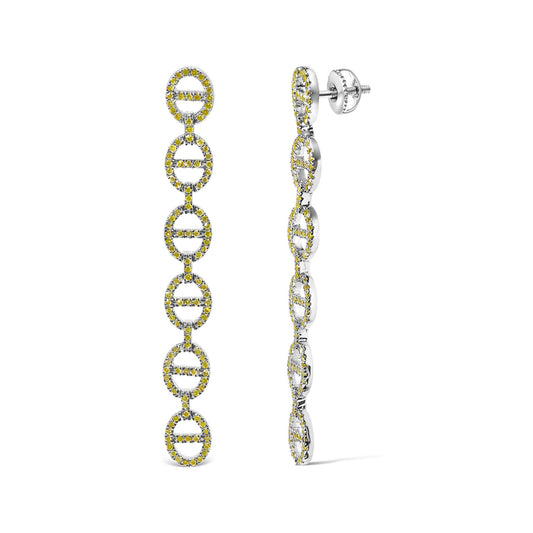 Pair of white metal earrings with linked oval shapes outlined with yellow round gemstones in prong settings, shown from front and side angles.