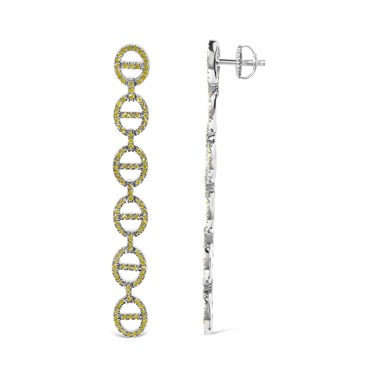 Close-up front and side view of white metal earrings with linked oval shapes, each outlined with yellow round gemstones in prong settings, shown on a white background.