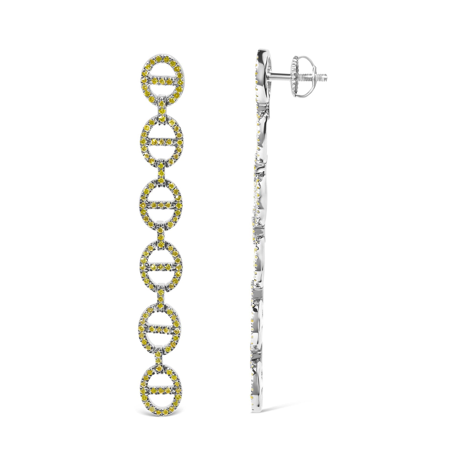 Close-up front and side view of white metal earrings with linked oval shapes, each outlined with yellow round gemstones in prong settings, shown on a white background.