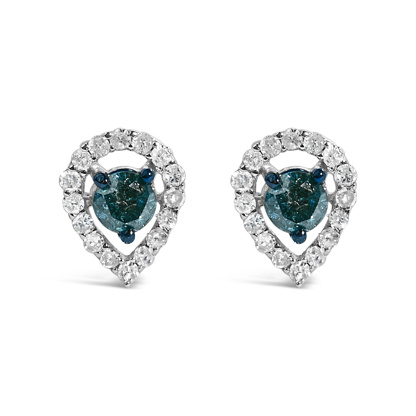Sterling Silver 1/2 Cttw Blue and White Diamond Pear Shape Halo Stud Earrings