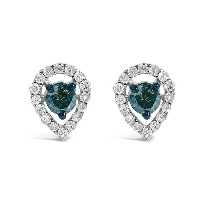 Sterling Silver 1/2 Cttw Blue and White Diamond Pear Shape Halo Stud Earrings