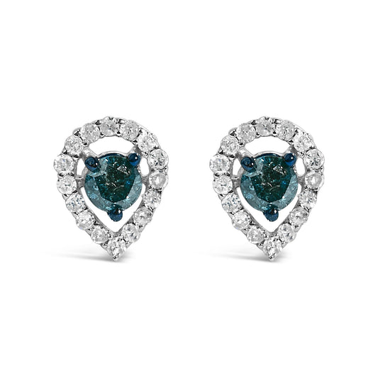 Sterling Silver 1/2 Cttw Blue and White Diamond Pear Shape Halo Stud Earrings