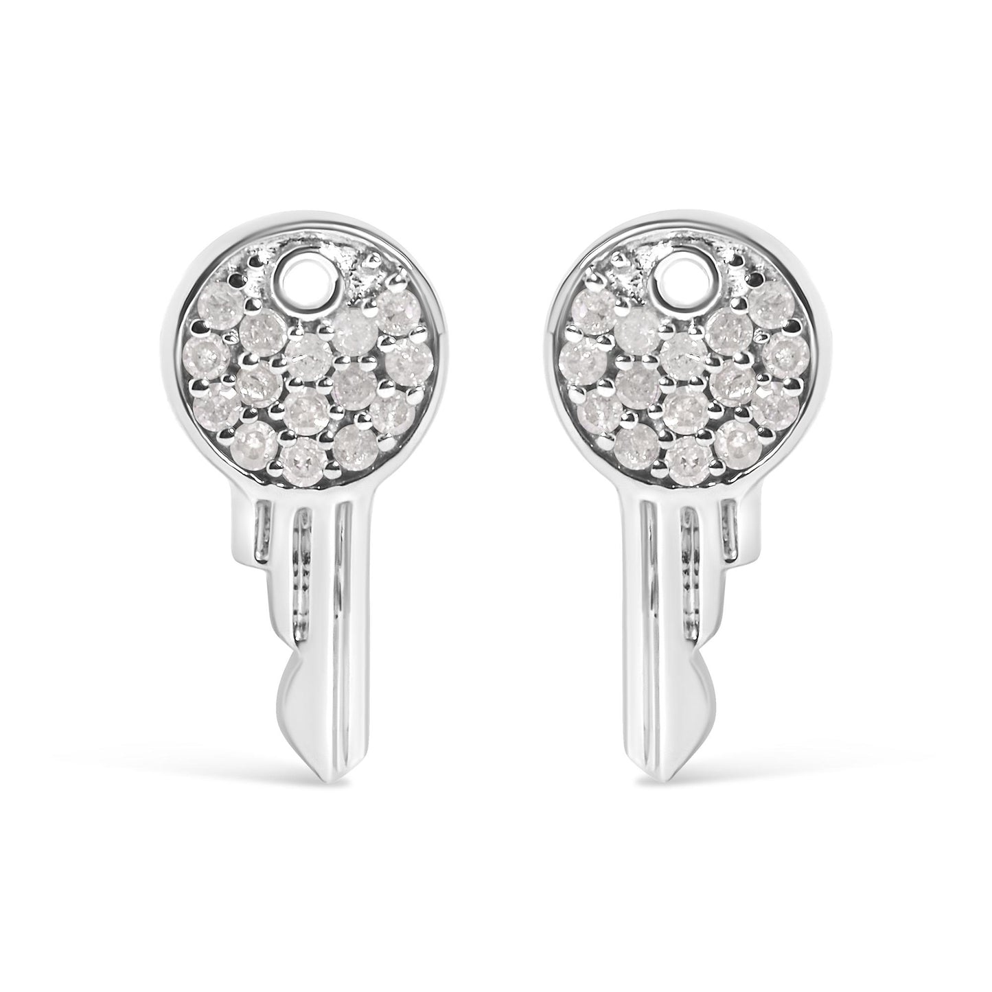Close-up front view of a pair of white metal round earrings with multiple small white gemstones in prong settings.