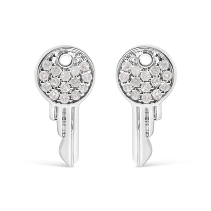 Close-up front view of a pair of white metal round earrings with multiple small white gemstones in prong settings.