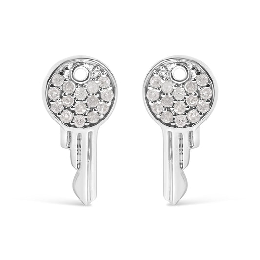 Close-up front view of a pair of white metal round earrings with multiple small white gemstones in prong settings.