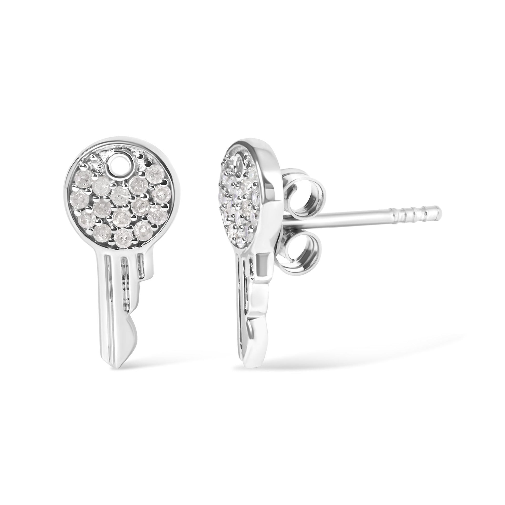 Close-up front and side view of white round key-shaped earrings with small white gemstones in prong settings.