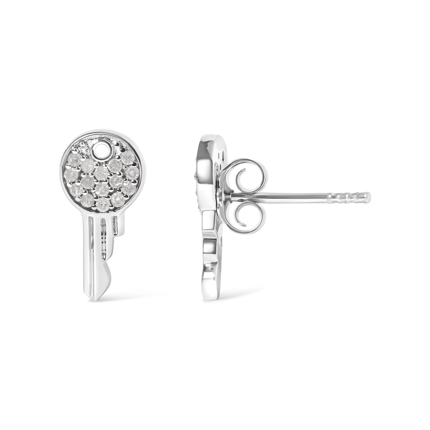 Close-up front and side views of a white metal key-shaped earring with a round top surface featuring multiple small white gemstones in prong settings, shown on a white background.