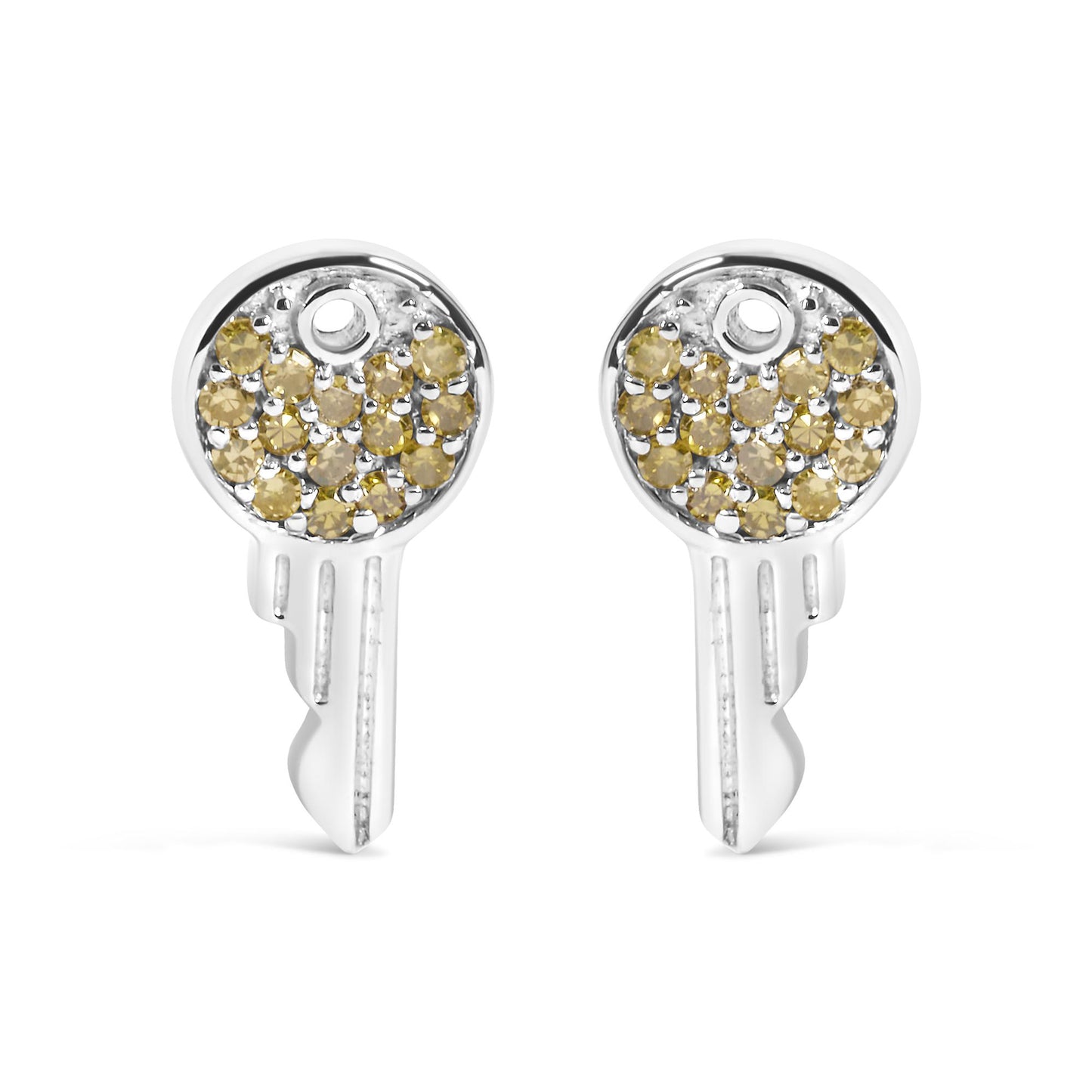 Close-up front view of a pair of white metal earrings with round yellow gemstones in prong settings on the circular tops.
