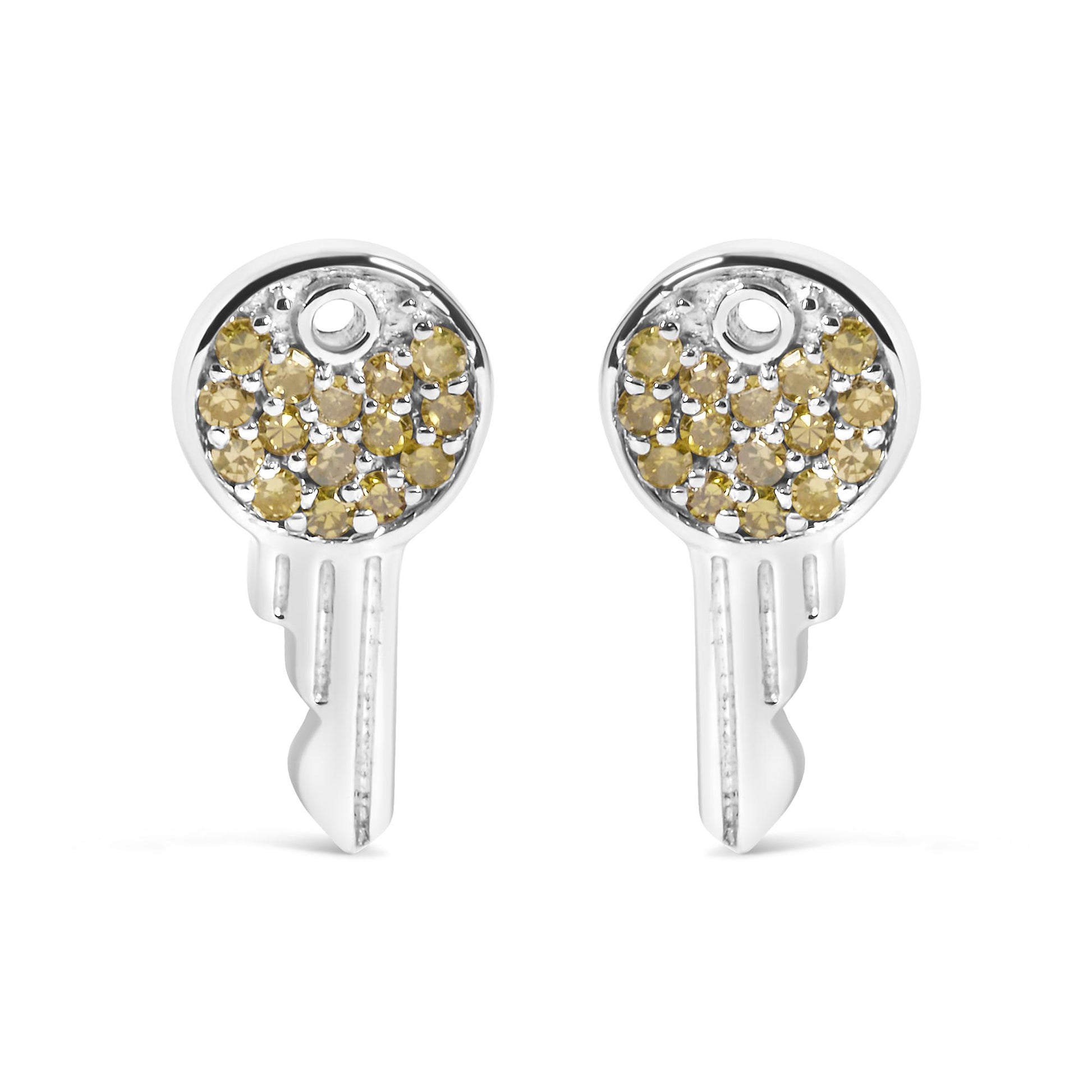Close-up front view of a pair of white metal earrings with round yellow gemstones in prong settings on the circular tops.