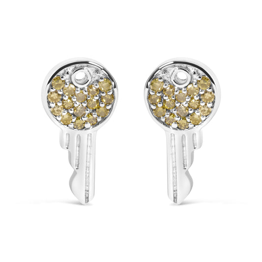 Close-up front view of a pair of white metal earrings with round yellow gemstones in prong settings on the circular tops.