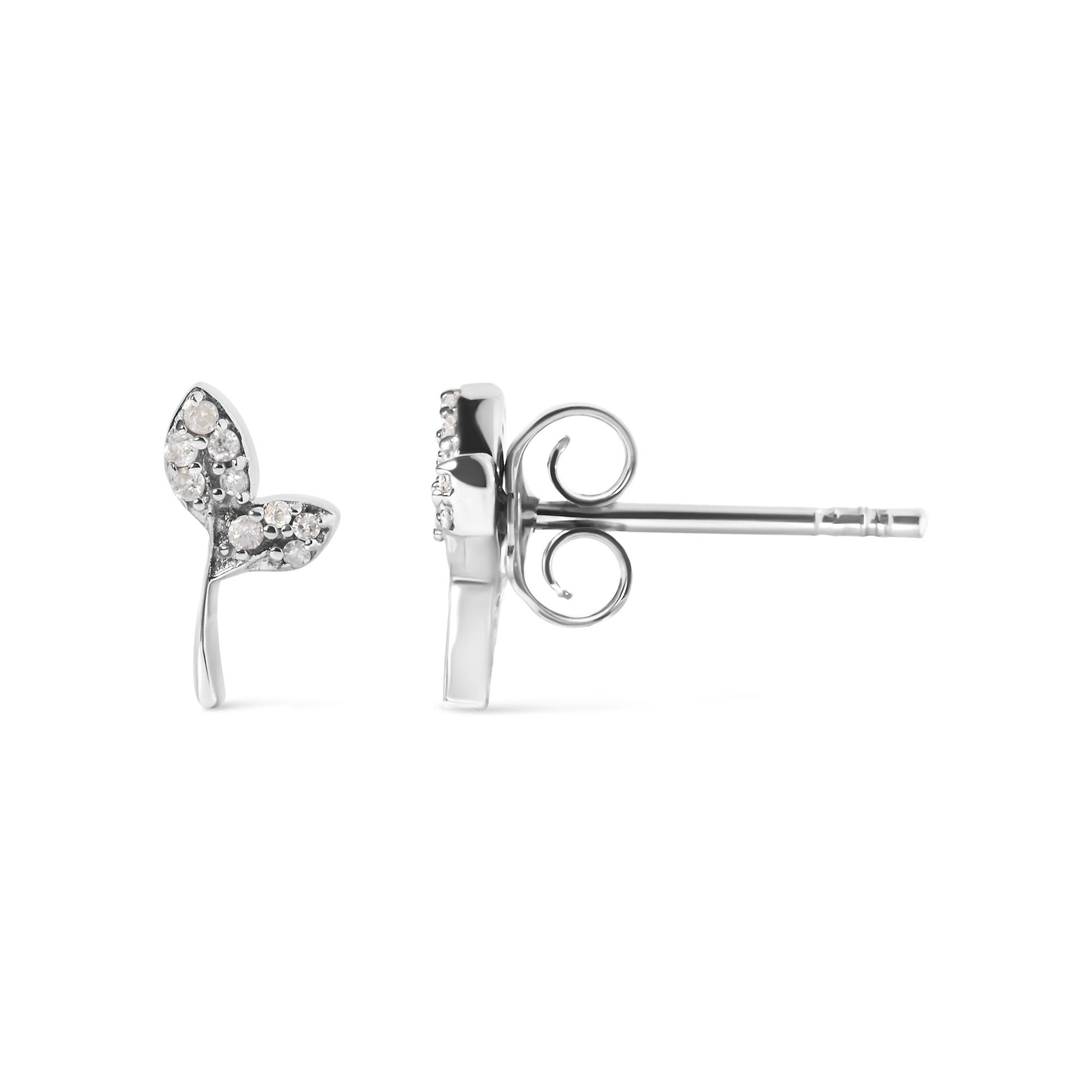 Close-up side and front view of a white metal butterfly-shaped earring with round white gemstones in prong settings.