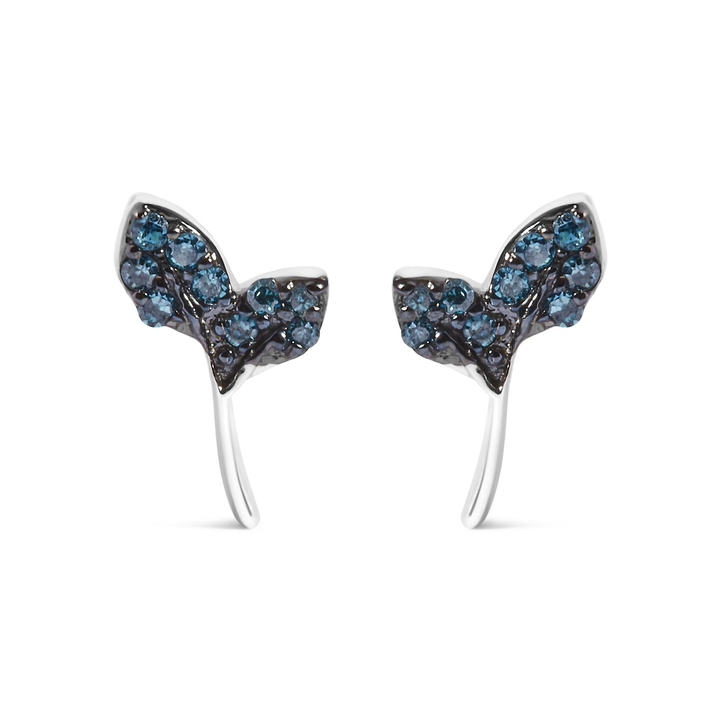 Close-up front view of a pair of white metal earrings shaped like butterflies, adorned with multiple round blue gemstones in prong settings.
