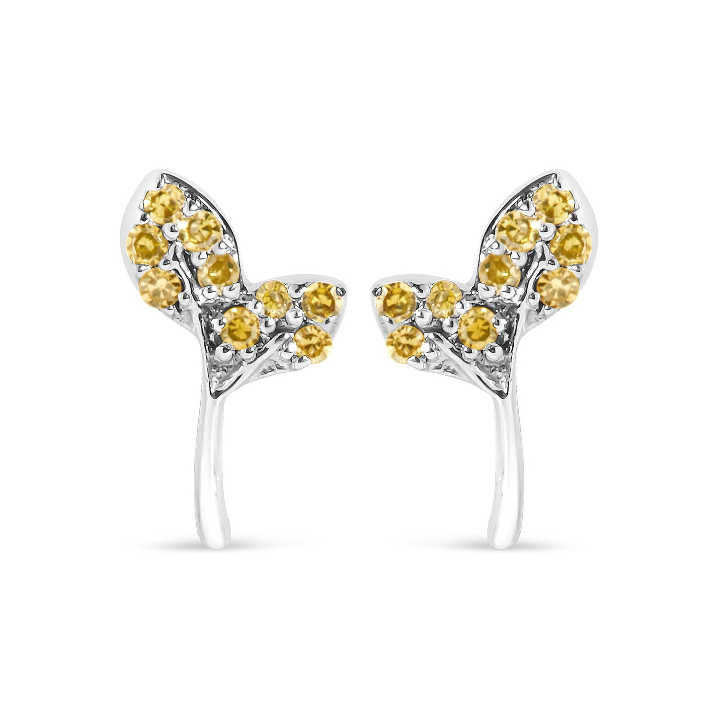 Close-up front view of white metal earrings adorned with multiple round yellow gemstones in prong settings, shown on a white background.