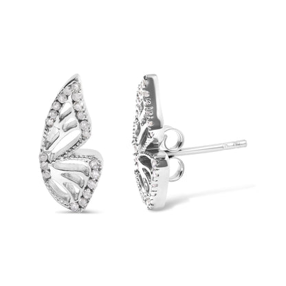 Close-up front and side view of a single white metal earring shaped like a leaf with round white gemstones set in a prong setting along the edges, shown on a white background.