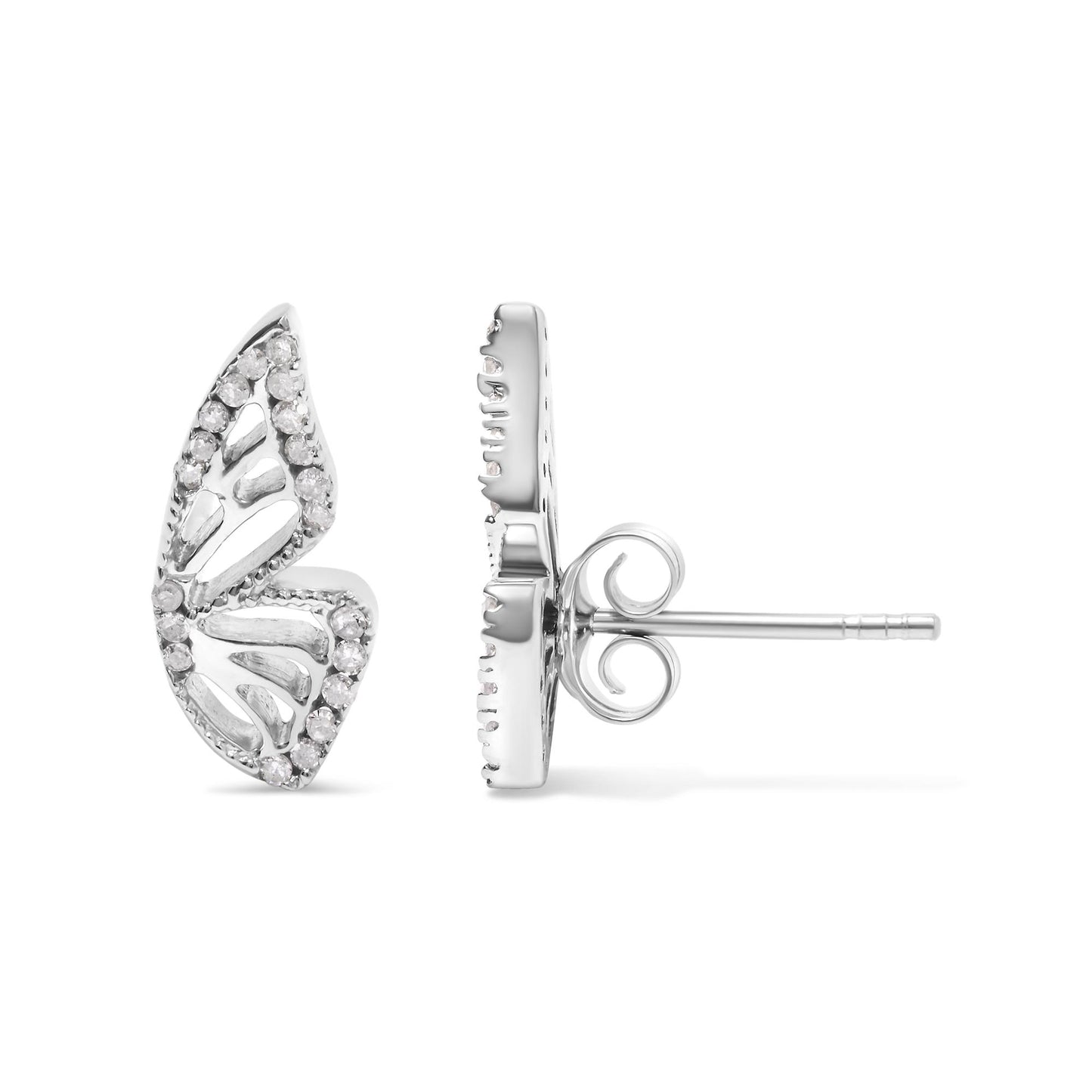 Close-up front and side view of a white metal earring shaped like an elongated leaf with open cut-out details and prong-set round white gemstones along the edges, shown on a white background.