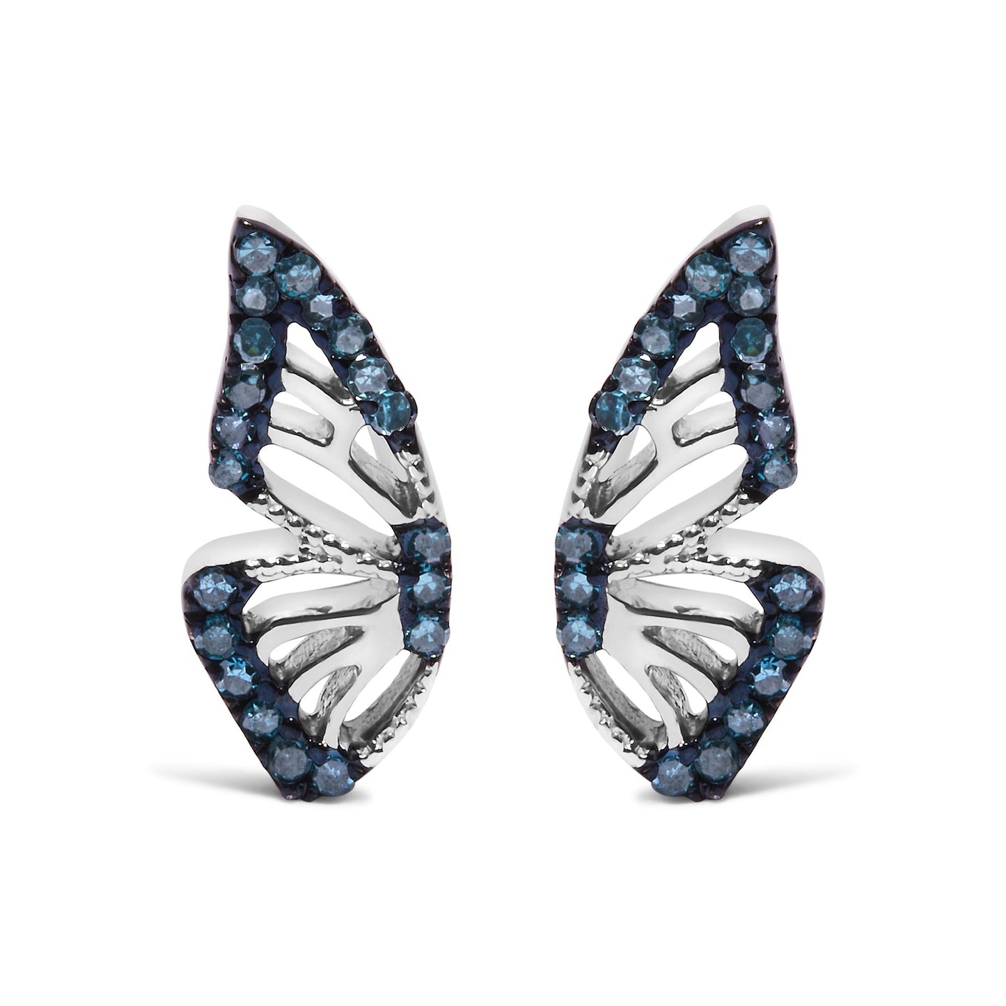 Close-up front view of a pair of white metal earrings with an openwork leaf design, accented with round blue gemstones in prong settings along the edges.