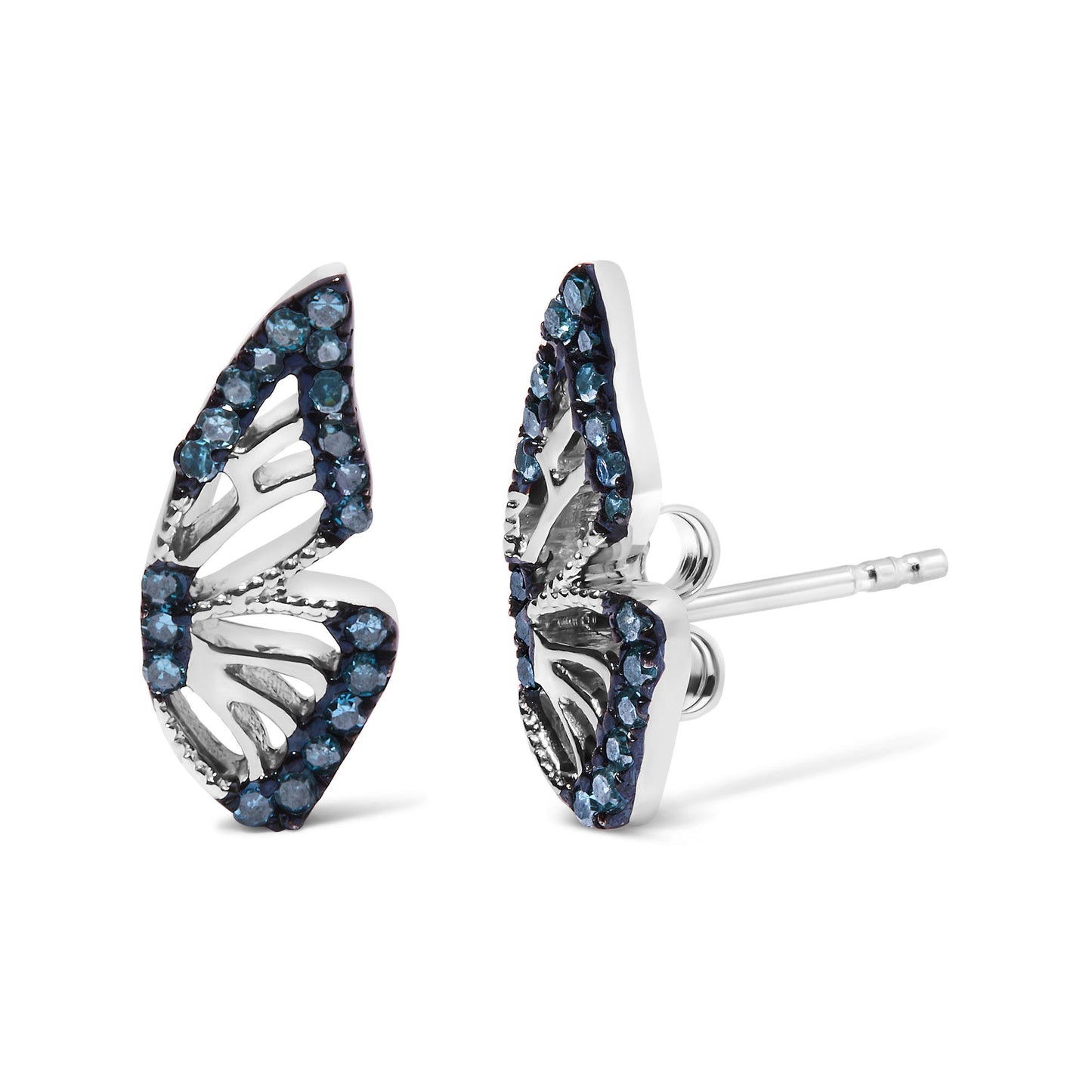 Close-up front angle of a pair of white metal earrings with an open leaf-like design, adorned with round blue gemstones in prong settings. The earrings are shown on a white background.