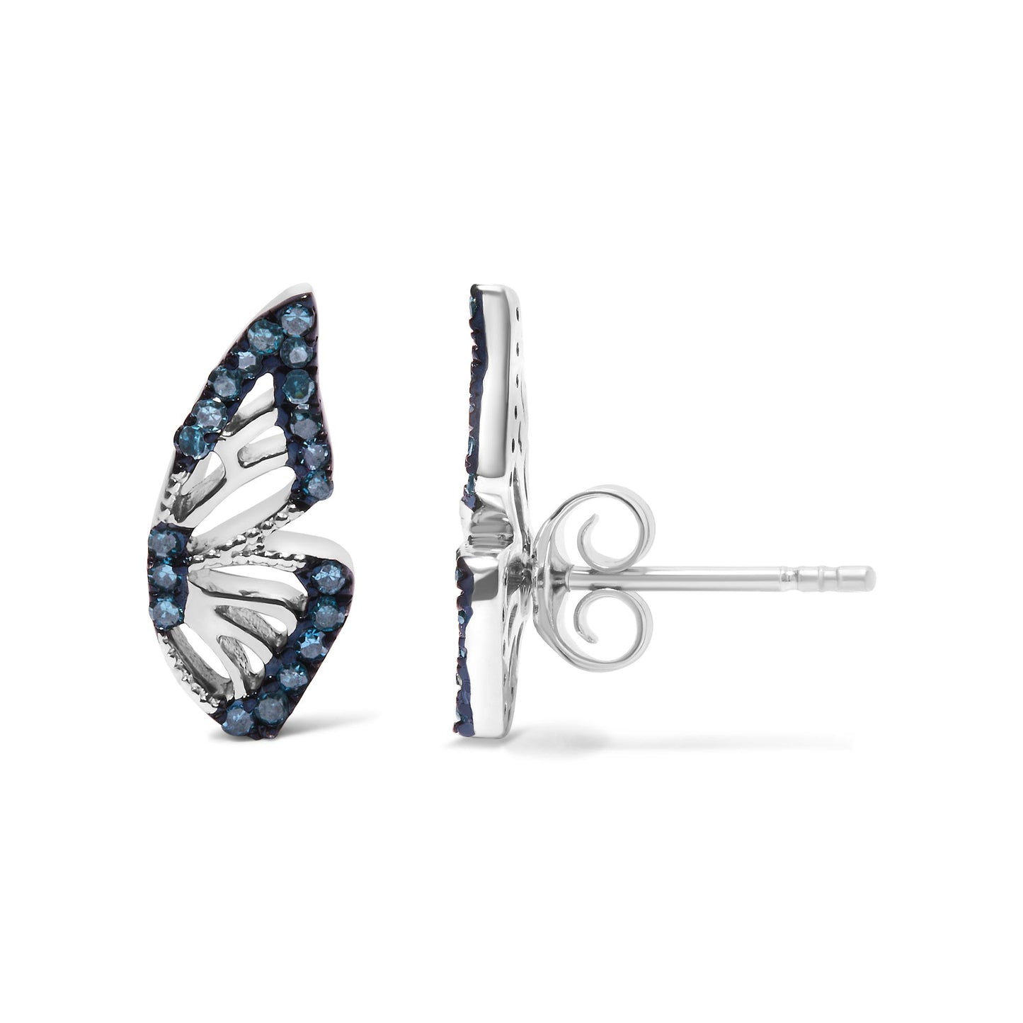Close-up image of white metal earrings shown from the front and side angles. The earrings have a leaf-like shape adorned with round blue gemstones set in a prong setting. The earring post and butterfly backing are visible from the side view.