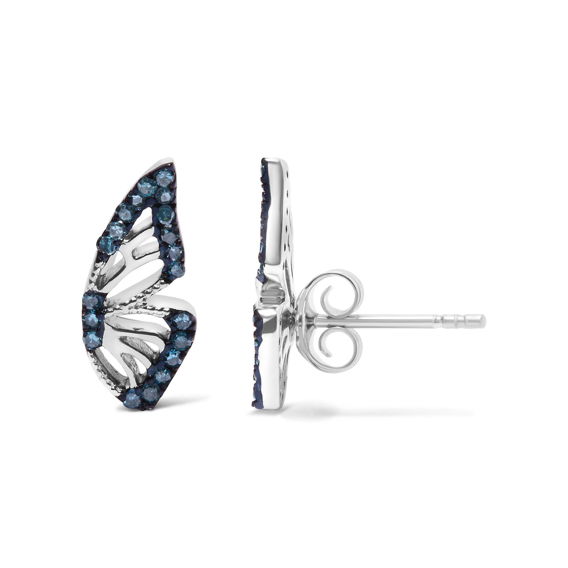 Close-up image of white metal earrings shown from the front and side angles. The earrings have a leaf-like shape adorned with round blue gemstones set in a prong setting. The earring post and butterfly backing are visible from the side view.