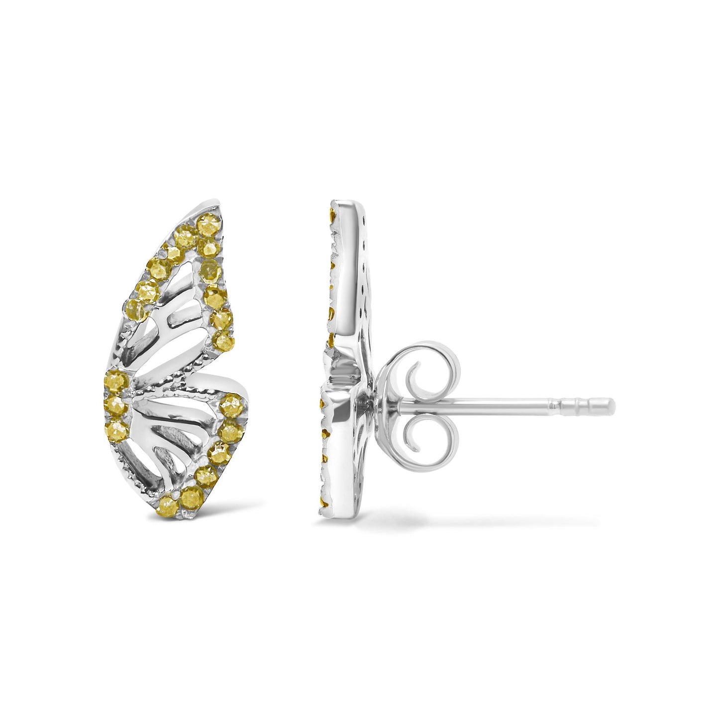 White metal earrings with an openwork leaf design outlined with round yellow gemstones in prong settings, shown in a close-up side and front angle on a white background.