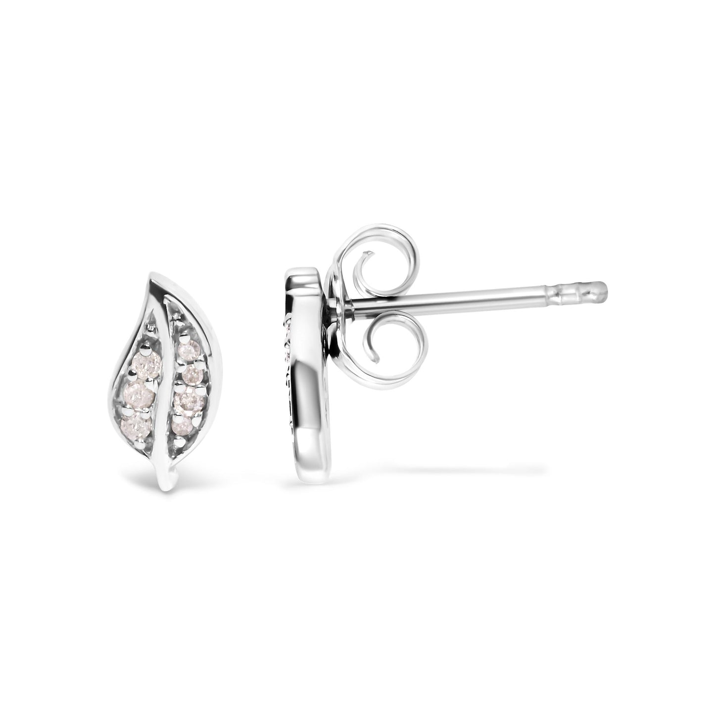 Close-up front and side view of a pair of white metal leaf-shaped stud earrings with multiple round white gemstones in prong settings.