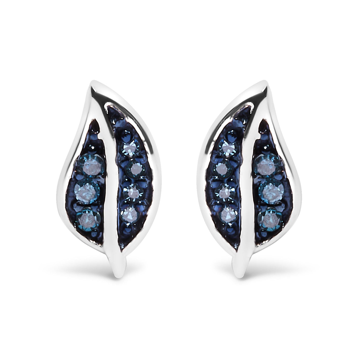 Front view of a pair of white metal earrings shaped like elongated leaves with two sections each set with round blue gemstones in prong settings.