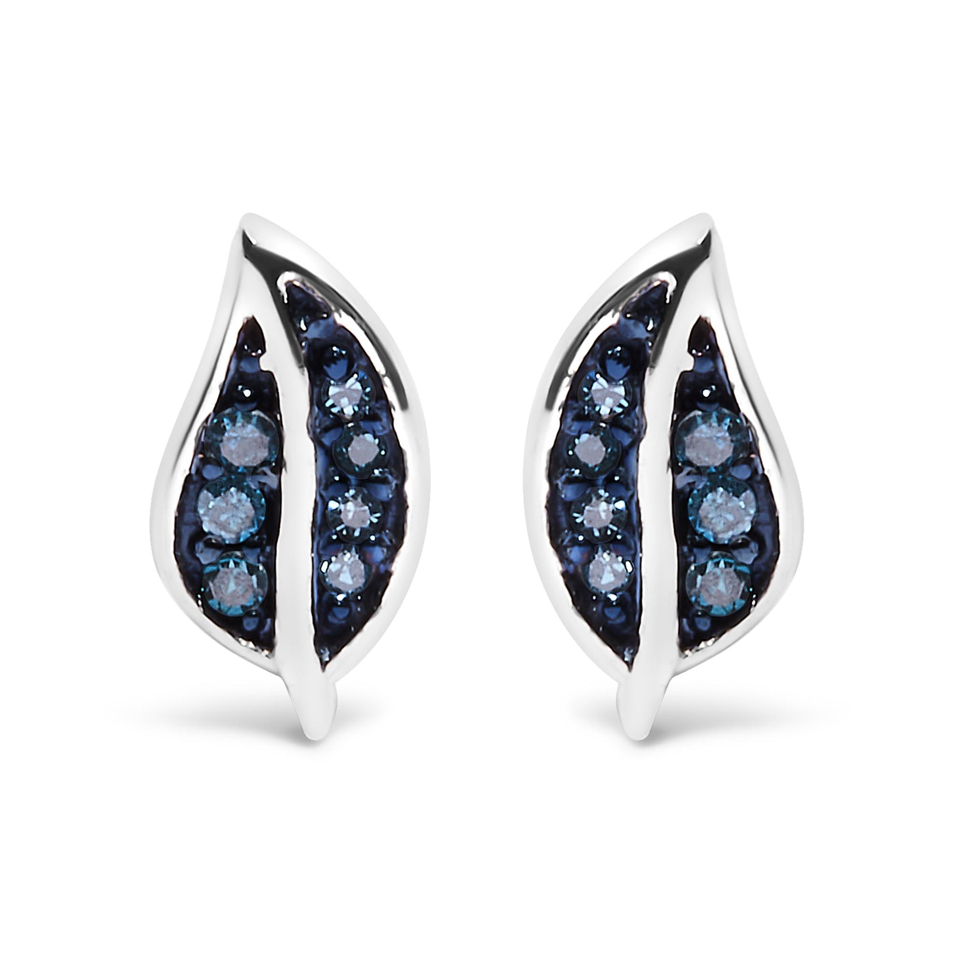 Front view of a pair of white metal earrings shaped like elongated leaves with two sections each set with round blue gemstones in prong settings.