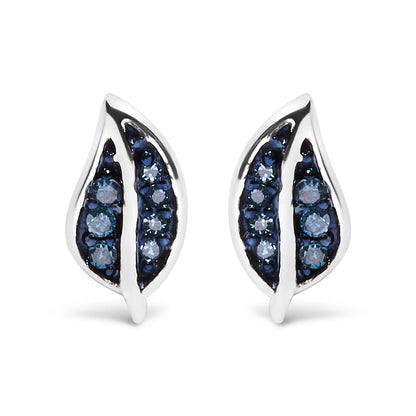 Front view of a pair of white metal earrings shaped like elongated leaves with two sections each set with round blue gemstones in prong settings.