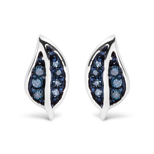Front view of a pair of white metal earrings shaped like elongated leaves with two sections each set with round blue gemstones in prong settings.