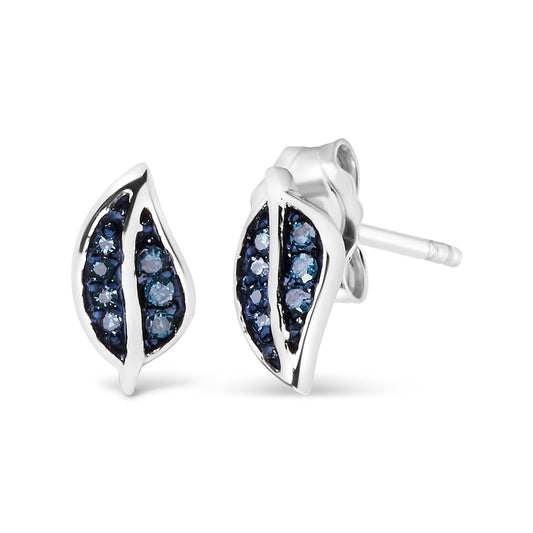 Close-up front and side view of white metal earrings shaped like leaves, each accented with small round blue gemstones in prong settings.