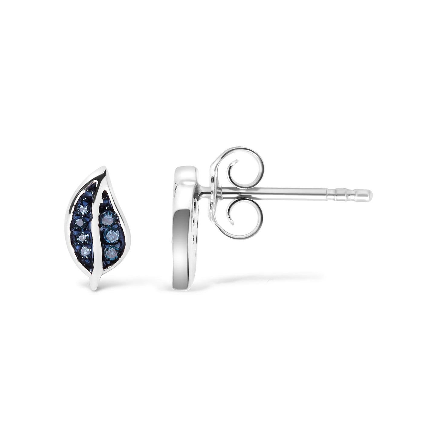 White metal stud earring with a curved leaf-like shape, set with multiple round blue gemstones in prong settings, shown in a side and front flat lay view.