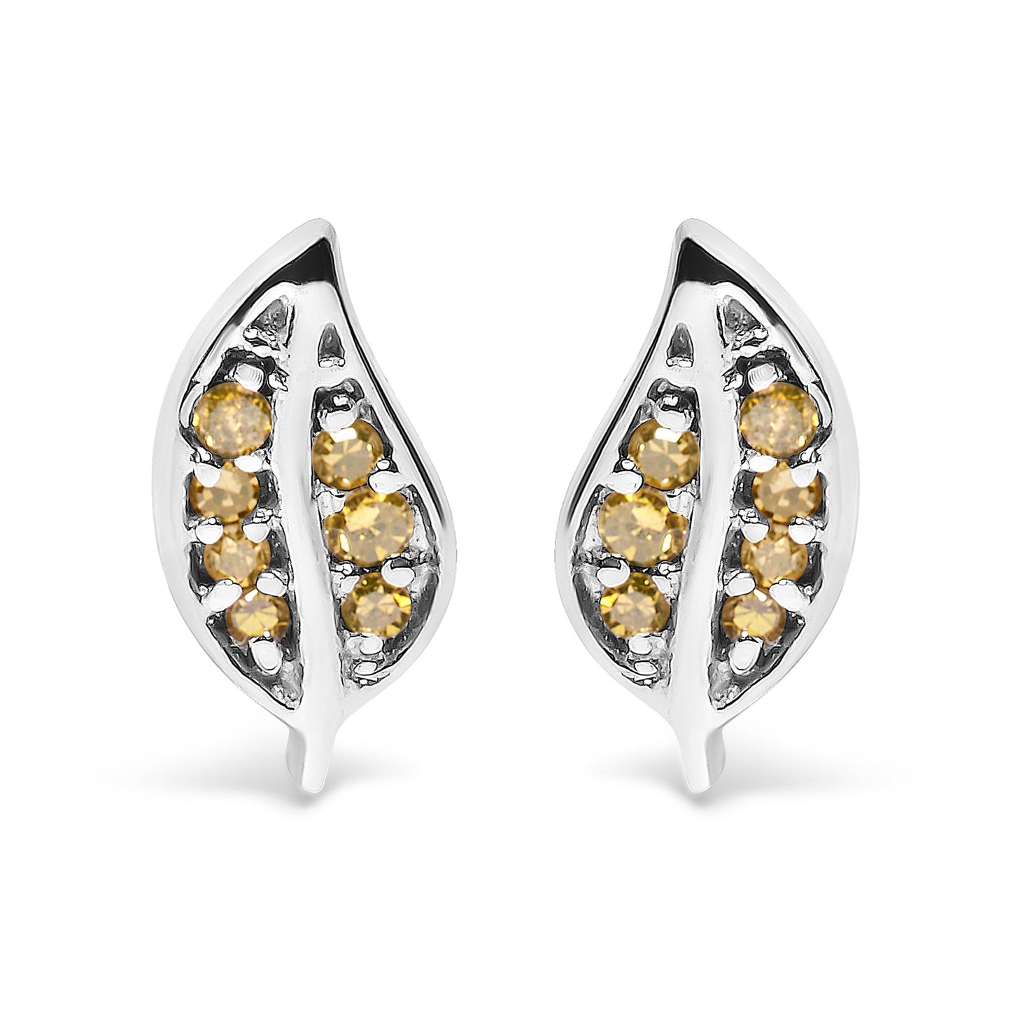 Front angle view of white metal leaf-shaped earrings with round prong-set yellow gemstones.