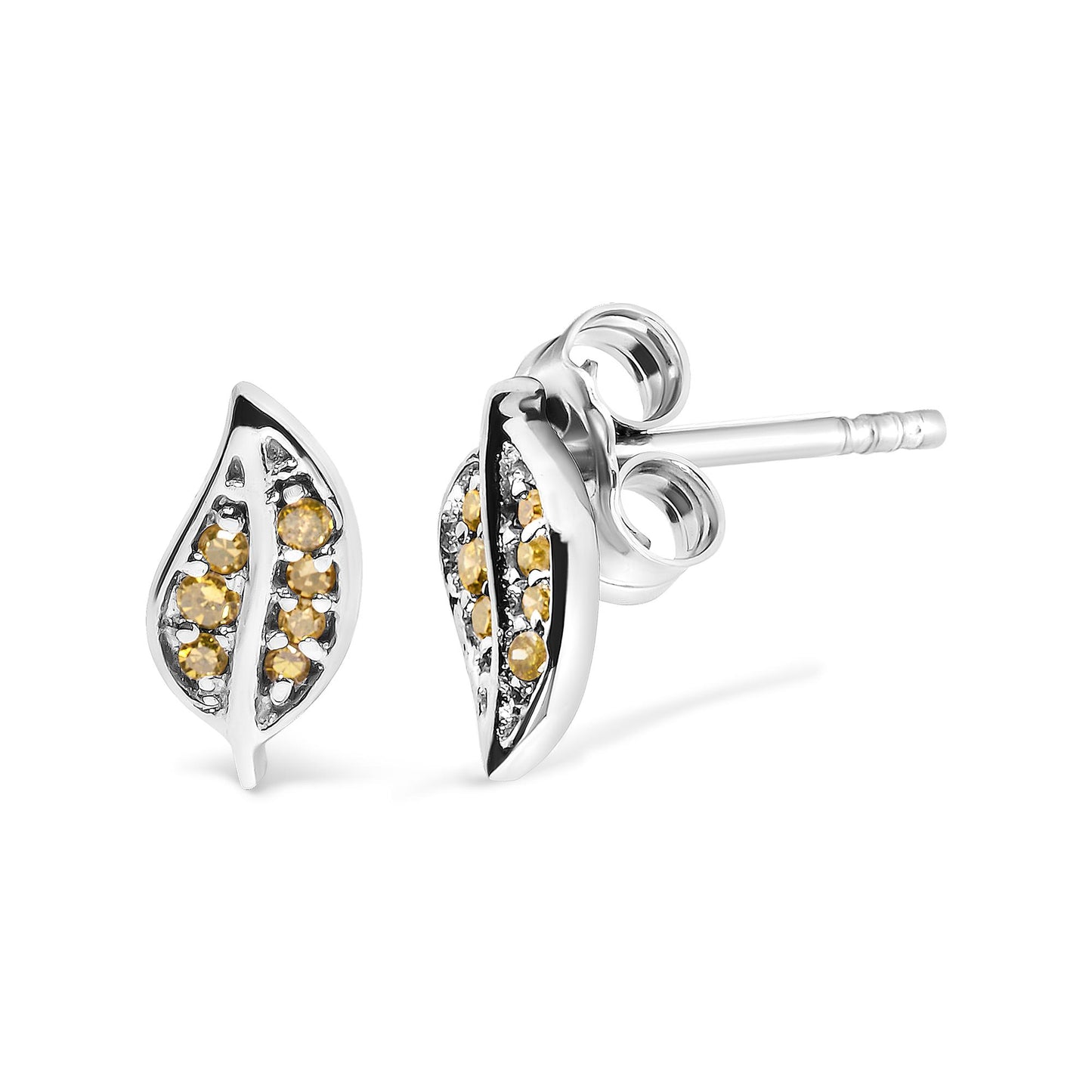 Pair of white metal leaf-shaped stud earrings with round yellow gemstones in prong settings, shown from a slightly angled front and side view.